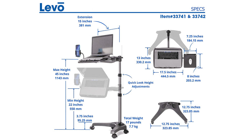 Load image into Gallery viewer, LEVO G2 V16 Rolling Laptop Workstation Stand Cart - WITH MOUSE TRAY and PHONE MOUNT
