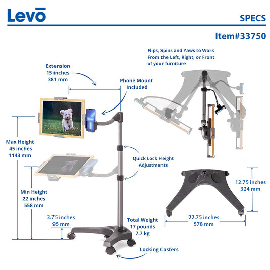 LEVO G2 V16 Rolling Tablet Stand Cart - WITH PHONE MOUNT