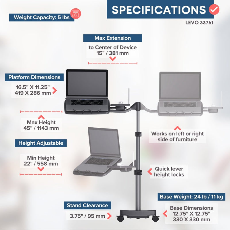 Load image into Gallery viewer, PRIOR MODEL LEVO G2 Deluxe Rolling Laptop Stand WITH Mouse Tray 22761

