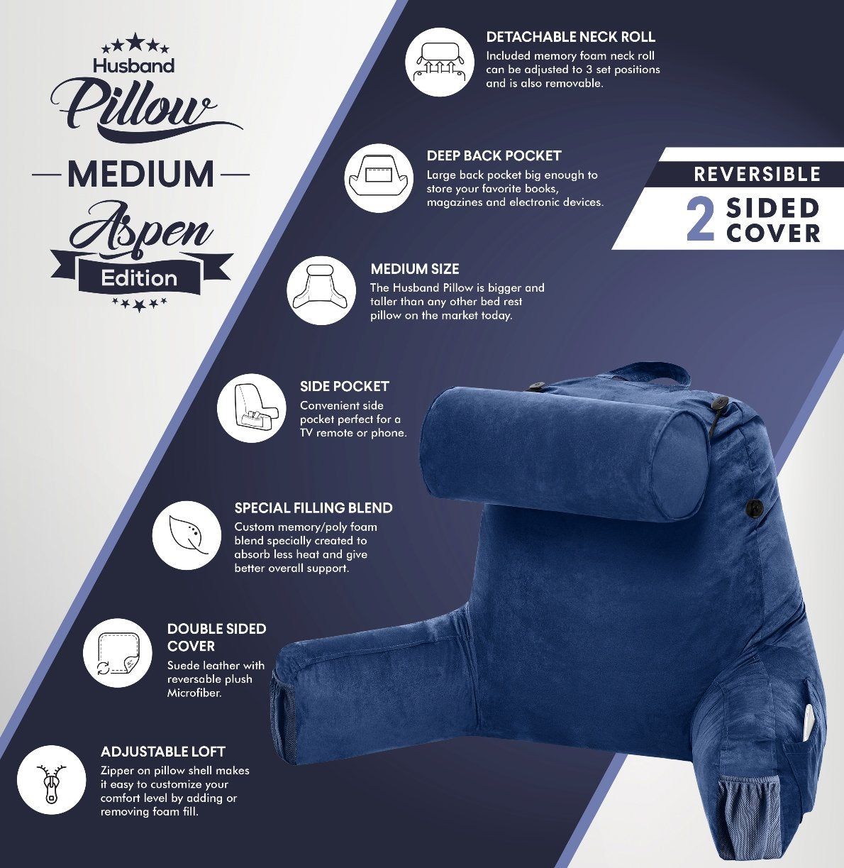 Medium Husband Pillow Aspen Edition Backrest Pillow with Memory Foam