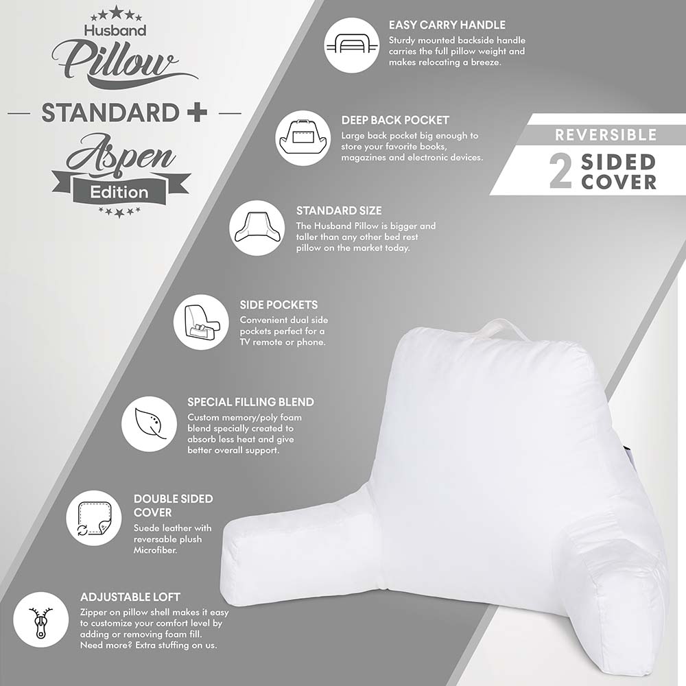 Husband Pillow Aspen Edition Backrest Pillow with Arms & Two-Sided Reversible Fabric - Size Standard