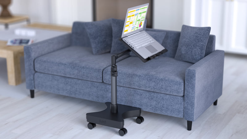 Load image into Gallery viewer, You can use the LEVO Rolling Laptop Workstation Stand to work seated or standing up.
