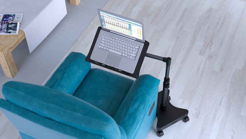 Load image into Gallery viewer, The base of the LEVO Rolling Laptop Workstation Stand is shaped like an hourglass to hug the furniture. This allows you to roll it close to the furniture, without being in the way
