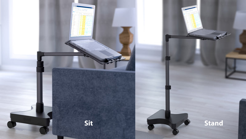 Load image into Gallery viewer, You can use the LEVO Rolling Laptop Workstation Stand to work seated or standing up.
