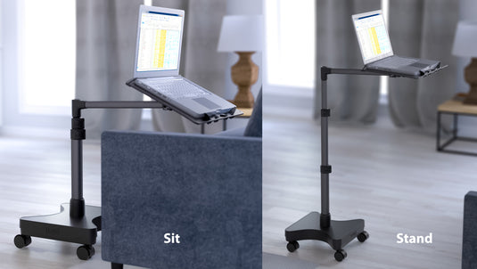 You can use the LEVO Rolling Laptop Workstation Stand to work seated or standing up.