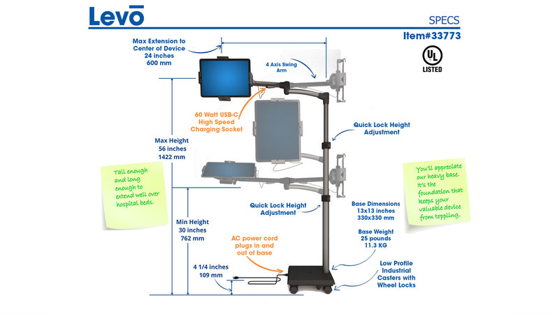 Load image into Gallery viewer, LEVO G2 Commercial Tablet Cart / Stand with 60 Watt USB-C Charging Port
