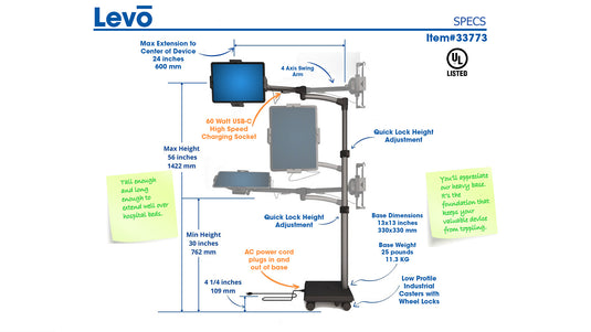 LEVO G2 Commercial Tablet Cart / Stand with 60 Watt USB-C Charging Port